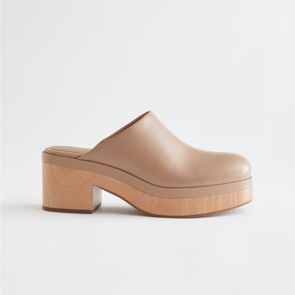 & Other Stories 100% Leather Wooden Heel Minimalist Platform Mules Clogs Boho 7